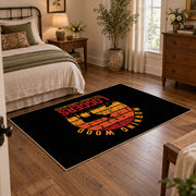black orange vintage logger mountain area rug, soft surface detail