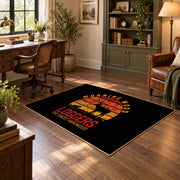 black orange vintage logger mountain area rug, wood floor styling