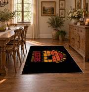 black orange vintage logger mountain area rug, front room mockup