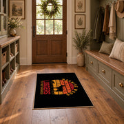 black orange vintage logger mountain area rug, wide interior view