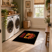 black orange vintage logger mountain area rug, design detail view