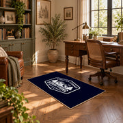 navy white mountain adventure badge area rug, complete product view