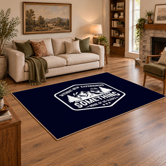 navy white mountain adventure badge area rug, angled room view