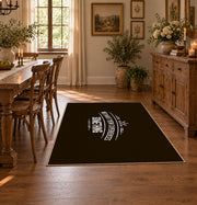 brown white wilderness mountain quote area rug, front room mockup