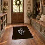 brown white wilderness mountain quote area rug, wide interior view