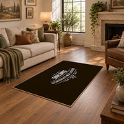 brown white wilderness mountain quote area rug, design detail view