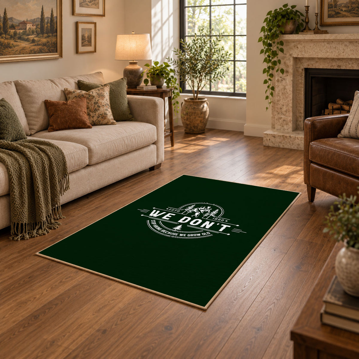 dark green life is good camping badge area rug, featured room view