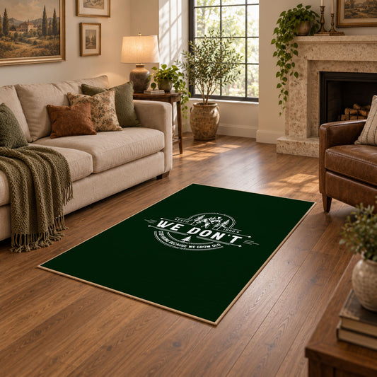 dark green life is good camping badge area rug, featured room view