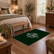 dark green life is good camping badge area rug, cozy home setting