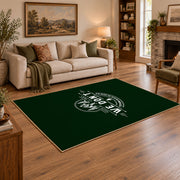 dark green life is good camping badge area rug, angled room view