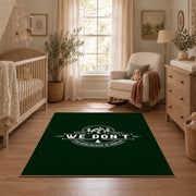 dark green life is good camping badge area rug, full pattern view