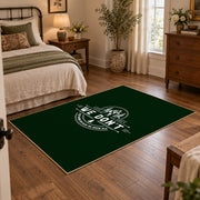 dark green life is good camping badge area rug, soft surface detail
