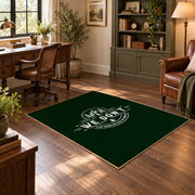 dark green life is good camping badge area rug, wood floor styling