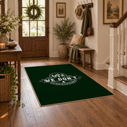 dark green life is good camping badge area rug, close decorative detail