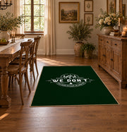 dark green life is good camping badge area rug, front room mockup