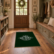 dark green life is good camping badge area rug, wide interior view