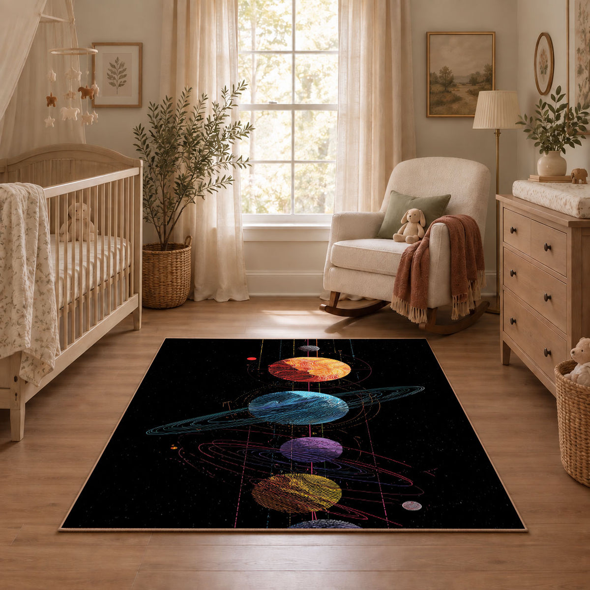 black colorful solar system planets area rug, featured room view