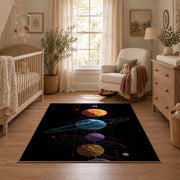 black colorful solar system planets area rug, featured room view