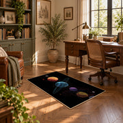 black colorful solar system planets area rug, complete product view