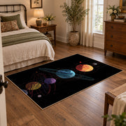black colorful solar system planets area rug, full pattern view