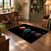 black colorful solar system planets area rug, soft surface detail