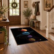 black colorful solar system planets area rug, wood floor styling
