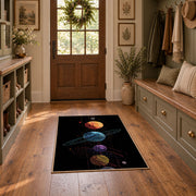 black colorful solar system planets area rug, front room mockup
