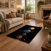 black colorful solar system planets area rug, design detail view