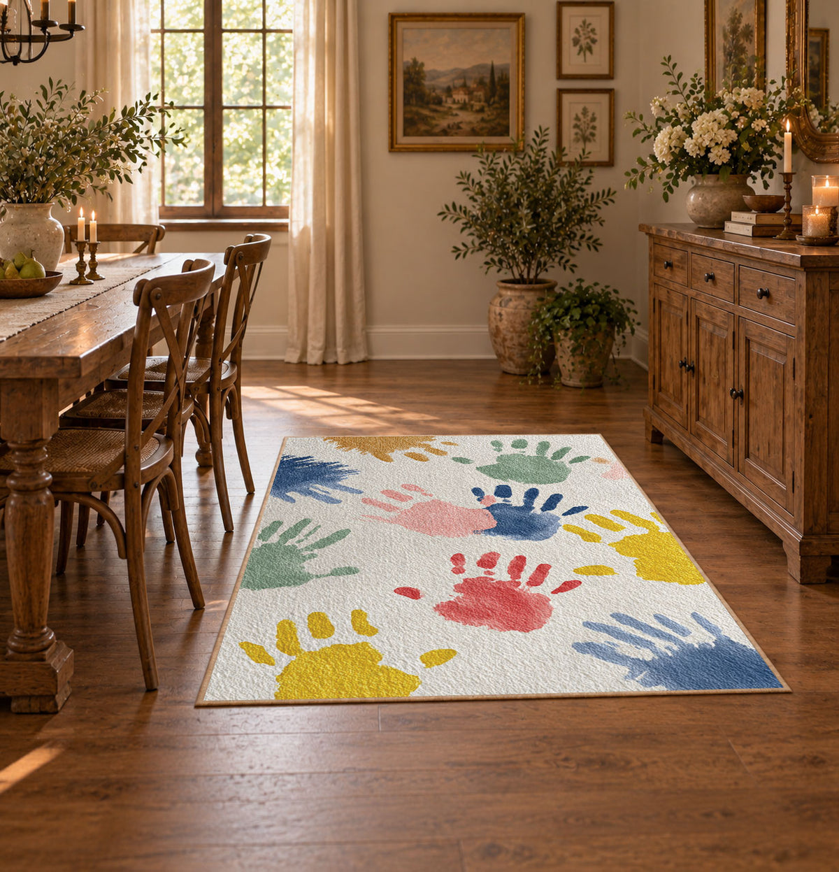 white pastel handprint art area rug, featured room view