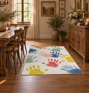 white pastel handprint art area rug, featured room view