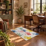 white pastel handprint art area rug, complete product view