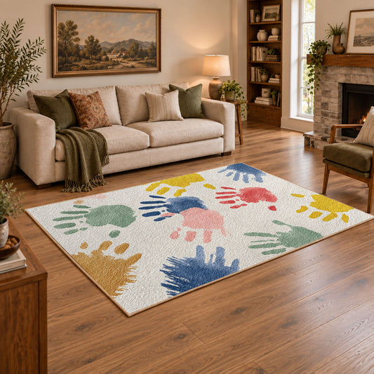 white pastel handprint art area rug, angled room view
