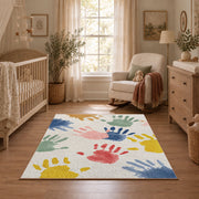 white pastel handprint art area rug, full pattern view