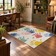 white pastel handprint art area rug, wood floor styling