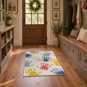 white pastel handprint art area rug, front room mockup