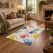 white pastel handprint art area rug, design detail view