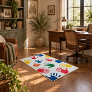 white rainbow colorful handprint area rug, complete product view