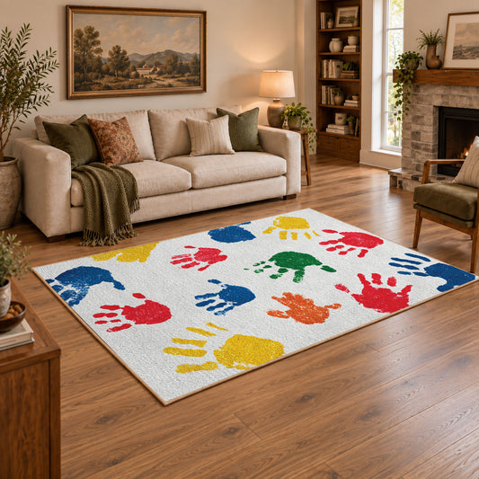 white rainbow colorful handprint area rug, angled room view