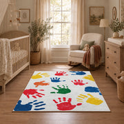 white rainbow colorful handprint area rug, full pattern view