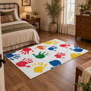 white rainbow colorful handprint area rug, soft surface detail