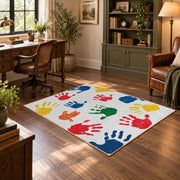 white rainbow colorful handprint area rug, wood floor styling