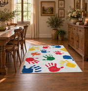 white rainbow colorful handprint area rug, front room mockup