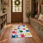 white rainbow colorful handprint area rug, wide interior view