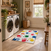 white rainbow colorful handprint area rug, design detail view