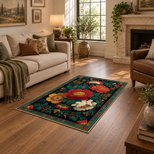 dark teal colorful folk floral garden area rug, featured room view