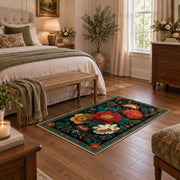 dark teal colorful folk floral garden area rug, cozy home setting