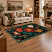 dark teal colorful folk floral garden area rug, angled room view