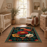 dark teal colorful folk floral garden area rug, full pattern view
