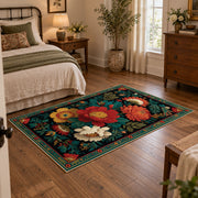 dark teal colorful folk floral garden area rug, soft surface detail