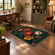 dark teal colorful folk floral garden area rug, wood floor styling
